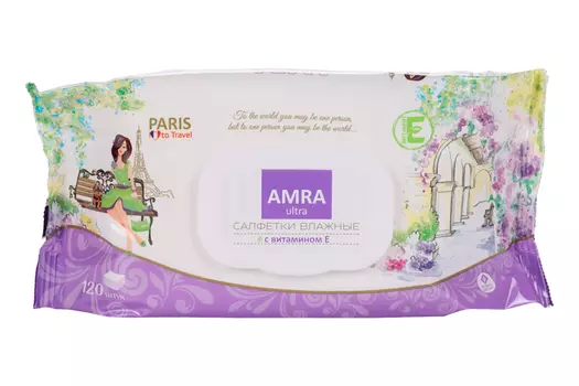 Салфетки Amra travel Paris влажные с вит Е, 120 шт