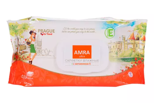 Салфетки Amra travel Prague влажные освежающие с вит Е, 120 шт