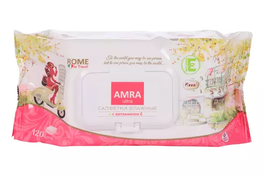 Салфетки Amra travel Rome влажные освежающие с вит Е, 120 шт