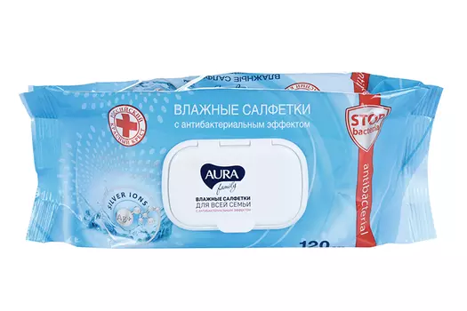 Салфетки Аура влажн Фэмили антибактер, 120 шт