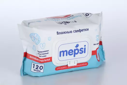 Салфетки MEPSI влажные антибактериальные с клапаном, 120 шт