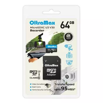 Карта памяти 64Gb microSDXC OltraMax Recorder Class 10 UHS-I U3 V30 + адаптер (OM64GCSDXC10-U3-V30)