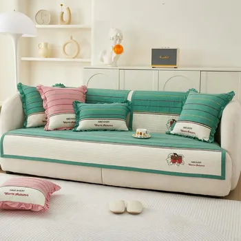 Cotton Embroidered Sofa Cushion for All Seasons, Color-blocked Fabric, Non-slip Cushion Cover, Cotton New Sofa Towel 70*70cm