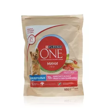 Сухой корм для взрослых собак мелких пород Purina One с говядиной и рисом 600г