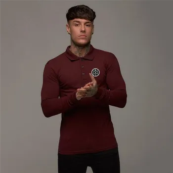 Muscleguys модная рубашка поло для фитнеса и отдыха, хлопковая футболка с длинными рукавами, мужская весенне-осенняя рубашка с отложным воротником и принтом M чёрный