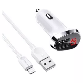 Автомобильное зарядное устройство Borofone Bz15, 2хusb, 2.4 А, кабель Lightning, 1 м, белое