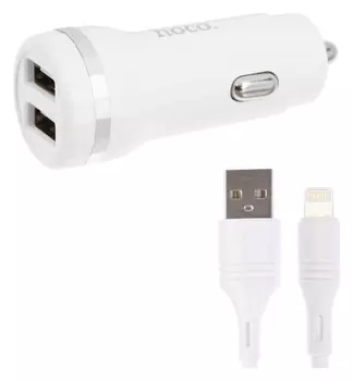 Автомобильное зарядное устройство Hoco Z27 Qc3.0, 2хusb, 2.4 А, кабель Lightning, 1 м, белое