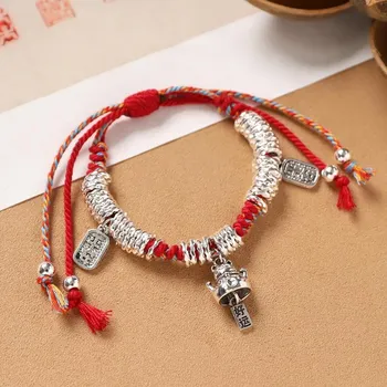Tibetan handmade silver entanglement bracelet, natal woven red colored rope, broken silver bracelet, retro men s and women s hand rope.