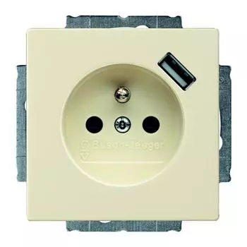 2011-0-6192 (20 EUCBUSB-92-507), Розетка Schuko с устройством зарядным USB, 20 EUCBUSB-92-500, Basic55 слоновая кость, 16А, 700 мА, электронная защита от перегрузки КЗ, безвинтовые клеммы, защитные шторки,, ABB
