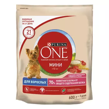 Сухой корм Purina one для собак мелких пород с активным образом жизни, с высоким содержанием говядины и с рисом, Пакет, ...