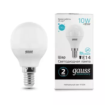 Лампа Gauss led elementary шар 10W E14 730lm 4100K