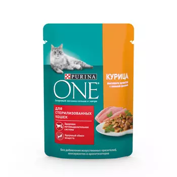 Влажный корм Purina one для стерилизованных кошек, с курицей и зеленой фасолью, Пауч, 75 г
