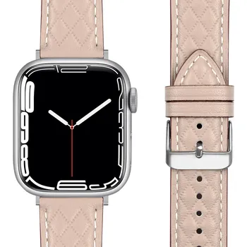 Новый ремешок из натуральной кожи для iWatch Band 41/45 мм 44/40 мм 38/42 мм Ретро браслет из воловьей кожи с ромбом iWatch Serie 7 SE 6 5 4 3 38/40/41/mm чёрный