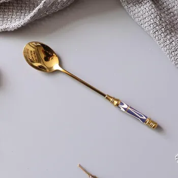 Десертная ложка из нержавеющей стали, керамическая ложка для мороженого с длинной ручкой, чайная ложка, Золотая ложка для кофе, торта, фруктовая ложка для молока, кухонная посуда
