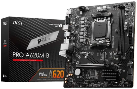 Материнская плата mATX MSI PRO A620M-B (AM5, AMD A620, 2*DDR5, PCIe, M.2, 6*USB 3.2, 6*USB 2.0, 4*SATA, HDMI)