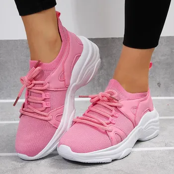 Новая женская спортивная обувь с дышащей толстой подошвой и сеткой Flyknit, модные женские кроссовки для бега, обувь больших размеров 35 розовый