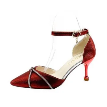 Fashion Red satin wedding shoes spring new pointy-headed rhinobason one-word buckle hollow women s single shoes stiletto heels 34