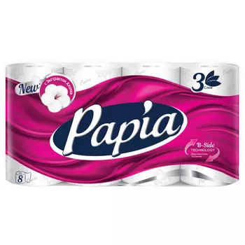 бумага туалетная PAPIA 8 шт/уп. 3-слойные 140 листов без аромата