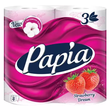 бумага туалетная PAPIA Strawberry Dream 4шт в уп. 3-слойные 140 листов аромат клубники