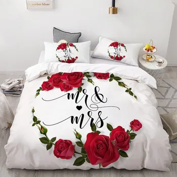 Комплект постельного белья 3D AU Custom/Europe, комплект пододеяльников USA Queen/King, комплект стеганого одеяла/покрывала, постельное белье Red Rose Mr&Mrs для свадьбы 135x200cm 3pcs