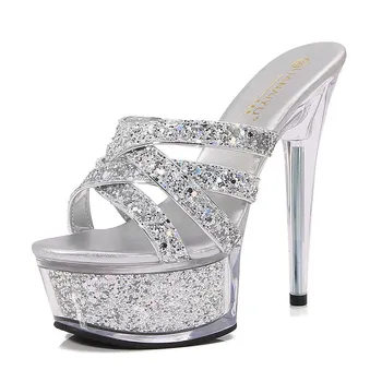 Summer New Transparent Base Heeled Sandals with Cool Crystal Drag Waterproof Sexy High Heels Head Crossband Design 40 чёрный