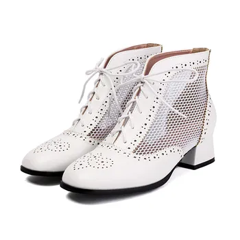 Women s low-heeled net boots spring and autumn thick-heeled versatile large-size lace-up cool boots 35 чёрный