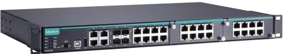 Коммутатор управляемый MOXA IKS-6728A-4GTXSFP-24-24-T модульный Ethernet: 8 портов 10/100BaseT(X), 4 комбо-порта 10/100/1000BaseT(X) (RJ45 + SFP), 2 с