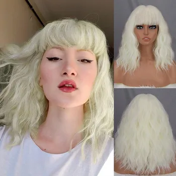 MISS WIG Натуральный черный короткий волнистый парик с челкой Синтетическое волокно длиной до плеч Парик с натуральной волной воды Косплей Повседневная одежда Волнистый парик 30 cm