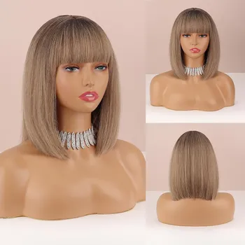 MERISIHAIR Ombre Серого Цвета Женская Мода До Плеч Натуральный Прямой Парик Боб с Челкой Повседневная Одежда Косплей Синтетический Парик