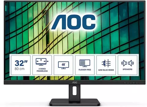 Монитор 32" AOC U32E2N VA, 3840x2160 (16:9), 350кд/м2, 4мс, 178°/178°, FreeSync, HDMI, DisplayPort, черный