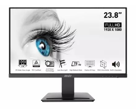 Монитор 23.8" MSI Pro MP243 IPS, 1920x1080 (16:9), 250кд/м2, 5мс, 178°/178°, HDMI, DisplayPort, черный (9S6-3PB5CH-021)
