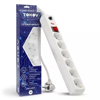 Сетевой фильтр Tokov Electric TKE-C01-SF6-3-ZV (6 розеток, длина кабеля 3 м, с заземлением, с выключателем)