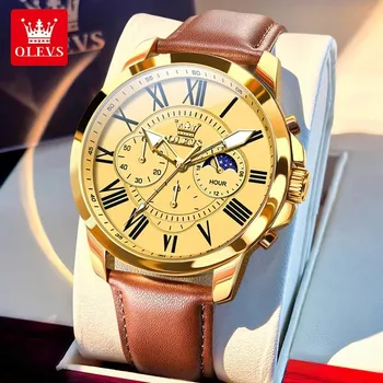 OLEVS Men s Watches Leather Strap Roman Numeral 45.5mm Big Dial Multifunction Quartz Watch for Men Chronograph Moon Phase Watch синий/розового золота