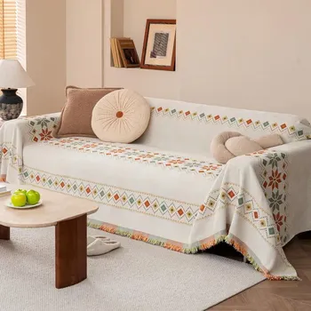 1pc Geometric Print Chenille Sofa Cover Tassel All Seasons Sofa Slipcovers Anti-dirt All-inclusive Couch Towel Picnic Mat home S 180x130
