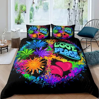 Boho Hippie Psychedelic Flowers Duvet Cover Colorful Peace Sign Bedding for Boys Girls Women Bedroom Decorative Rainbow Tie Dye 70x133cm 2pcs