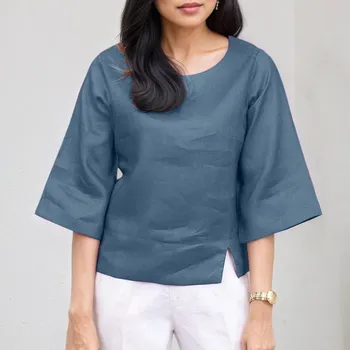 ZANZEA Women Casual O-neck Summer Solid Color 3/4 Sleeve Blouse S синий