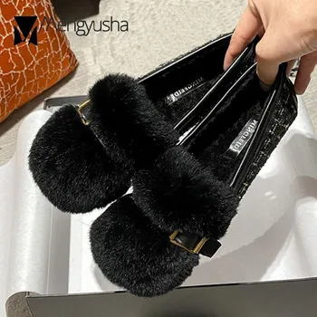 Модные женские туфли на плоской подошве из кроличьего меха с металлической пряжкой на ремне, зимние хлопковые туфли, женские мокасины с мехом, большие размеры 35-43, мягкие мокасины без застежек 5 хаки