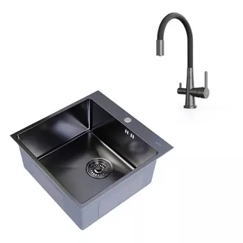 Мойка для кухни Mixline Pro 50х50х20 см с сифоном со смесителем Tokito Aisai с гибким изливом с подключением к фильтру сталь графит (547230/TOK-AIS-1019)