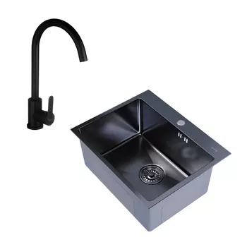 Мойка для кухни Mixline Pro 53х43х20 см с сифоном со смесителем Corsa Deco Creek Black с высоким изливом сталь графит/черная (547234/966374)