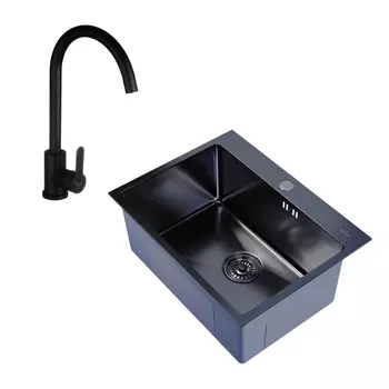 Мойка для кухни Mixline Pro 60х45х20 см с сифоном со смесителем Corsa Deco Creek Black с высоким изливом сталь графит/черная (547236/966374)