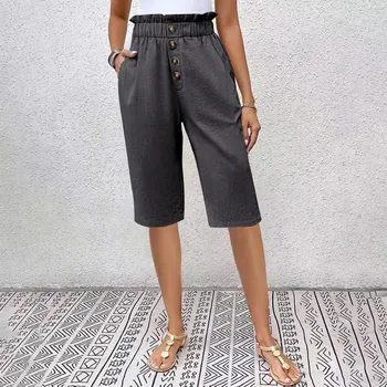 GMXIA Solid Colour Cotton Linen Insert Pocket Button Ladies Casual Pants Shorts S абрикосовый