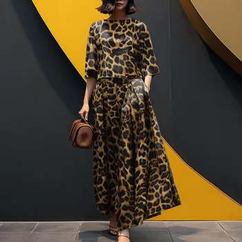 ZANZEA Women Blouse and Wide Leg Pants Casual Leopard Print Two Piece Suit Sets S коричневый