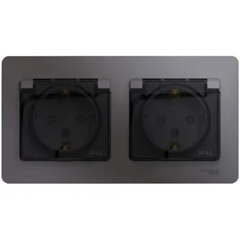 Розетка двойная с заземлением, шторками и крышкой (графит) Systeme Electric Glossa GSL001347