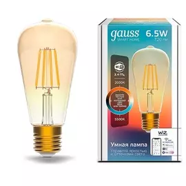Умная Wi-Fi лампочка Gauss Smart Home Filament ST64 7W 740лм E27 управление голосом/смартфоном, с изменением температуры, диммируемая