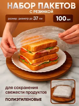 Набор пакетов для сохранения свежести продуктов с резинкой, до 37 см, 100 шт.