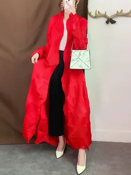 Женский плиссированный длинный тренчкот миаке, весенний однотонный тренчкот с отложным воротником и длинным рукавом, свободная повседневная женская модная ветровка, 2023