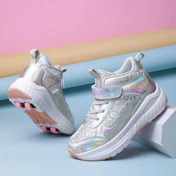 Новые кроссовки Runaway Shoes с четырьмя колесами для девочек, кроссовки Pulley для студентов, повседневная мода, деформация, катание на роликах, подростковые коньки 29