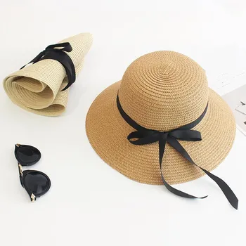 Summer Straw Hat Big Wide Brim Foldable Beach Sun Hat Straw Floppy Sun Block UV Protection Hat Ladies Outdoor Travel Straw Hat Children белый