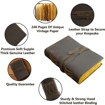Винтажный кожаный журнал, 200 бумажных журналов ручной работы с краями Deckle Edge, кожаный эскиз 5 x 7 in коричневый
