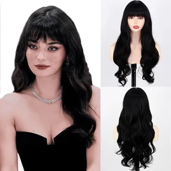 Длинный коричневый парик MERISIHAIR с челкой, длинные коричневые парики для женщин, натуральные волнистые парики, синтетические темно-коричневые парики для повседневной вечеринки 24inches
